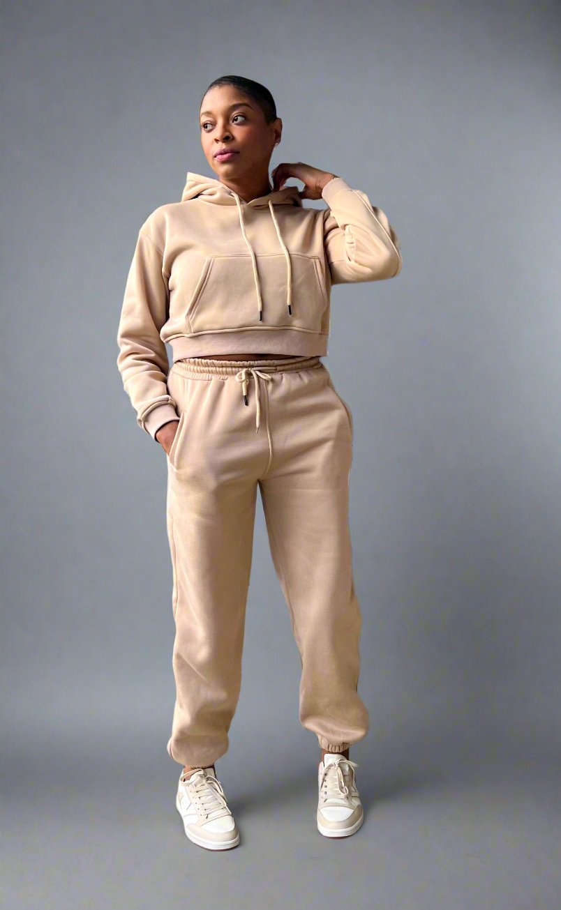 Cozy Cropped Hooded Jogger Set - Sand