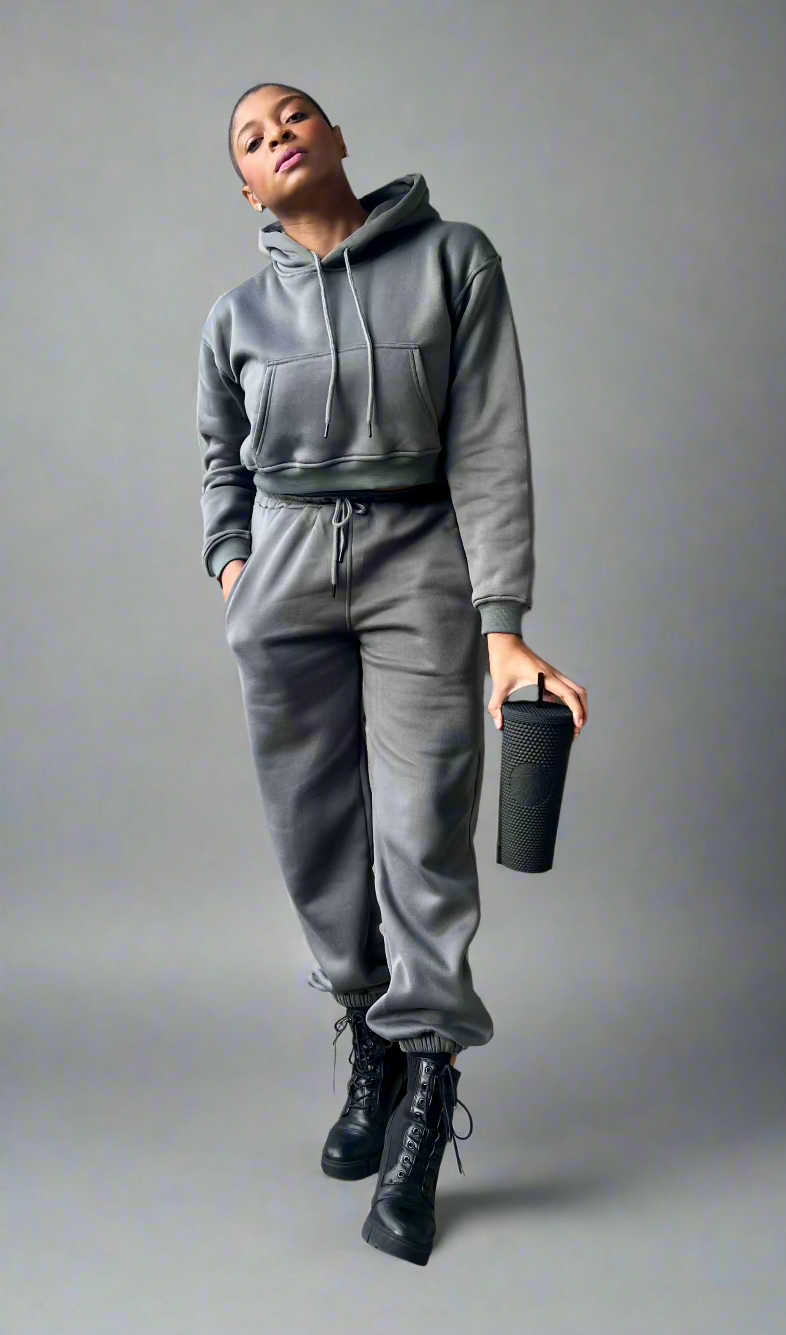 Cozy Cropped Hooded Jogger Set - Grey