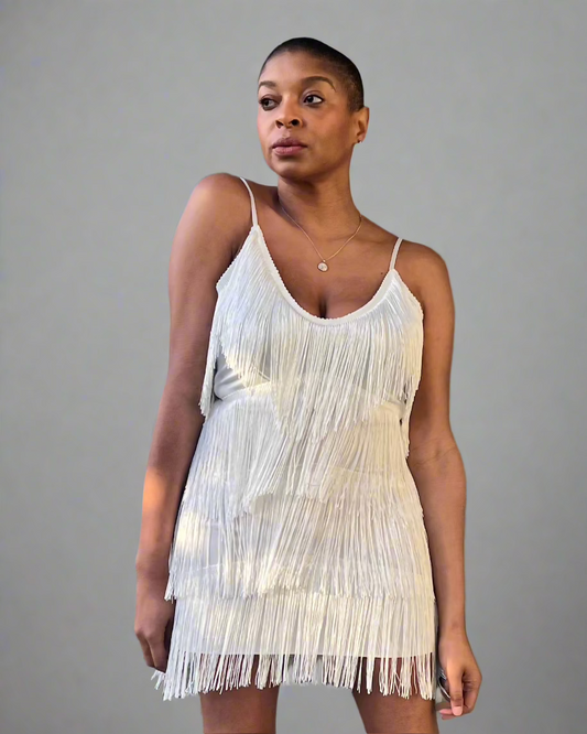 Valerie Deep V-Neck Fringe Mini Dress - White