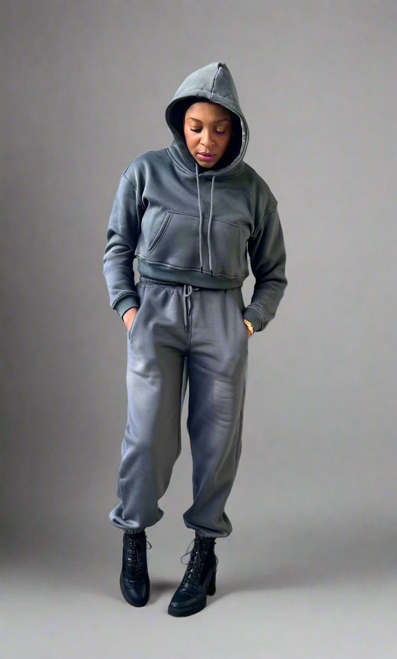 Cozy Cropped Hooded Jogger Set - Grey