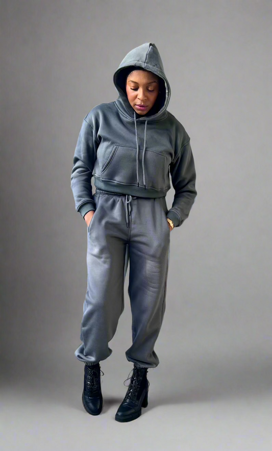 Cozy Cropped Hooded Jogger Set - Grey
