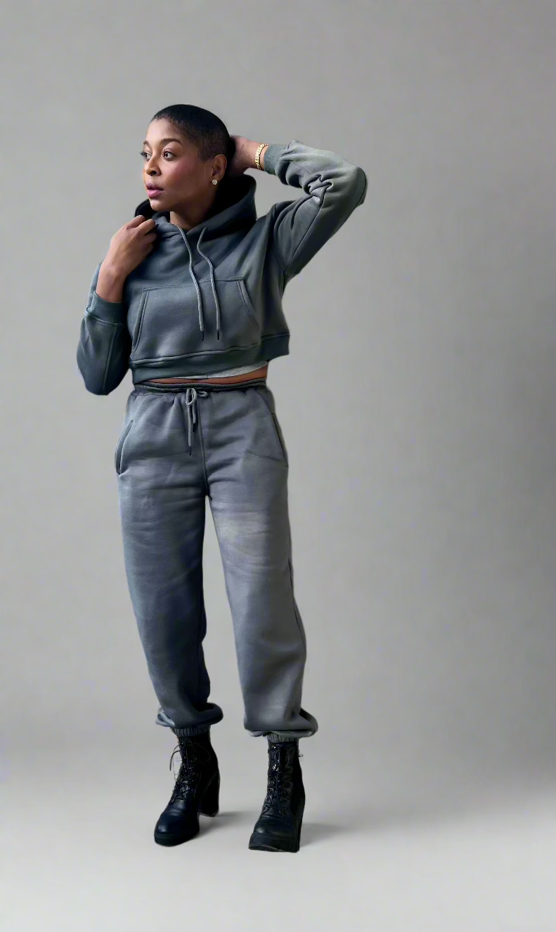 Cozy Cropped Hooded Jogger Set - Grey