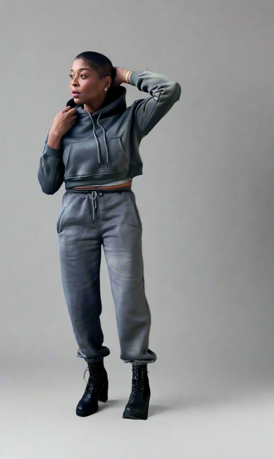 Cozy Cropped Hooded Jogger Set - Grey