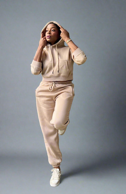 Cozy Cropped Hooded Jogger Set - Sand