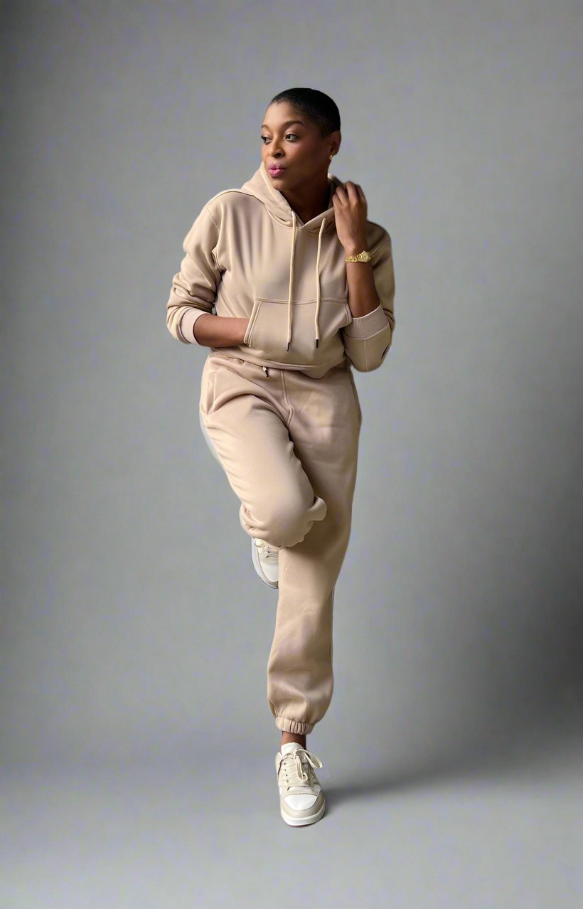 Cozy Cropped Hooded Jogger Set - Sand