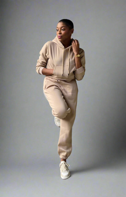 Cozy Cropped Hooded Jogger Set - Sand
