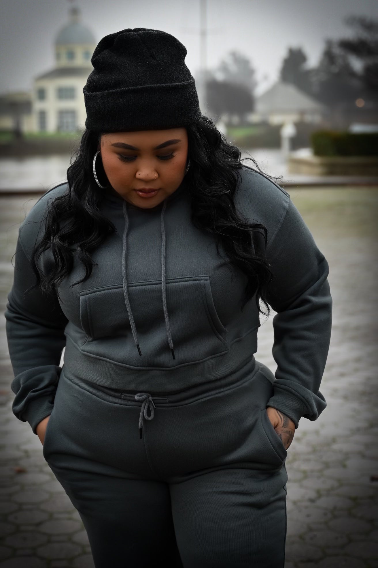 Cozy Cropped Hooded Jogger Set - Grey