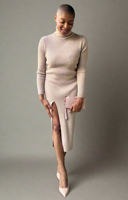 Cierra Side Split Knit Dress - Sand
