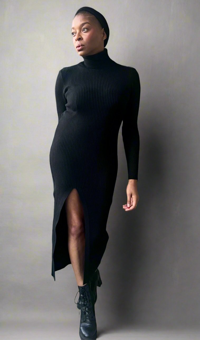 Cierra Side Split Knit Dress - Black