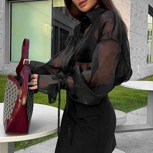 Sexy Mesh Lapel Puff Sleeve Shirt