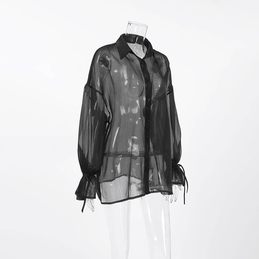 Sexy Mesh Lapel Puff Sleeve Shirt