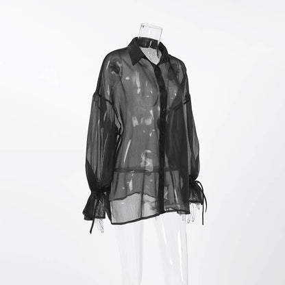 Sexy Mesh Lapel Puff Sleeve Shirt