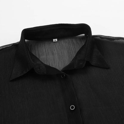 Sexy Mesh Lapel Puff Sleeve Shirt