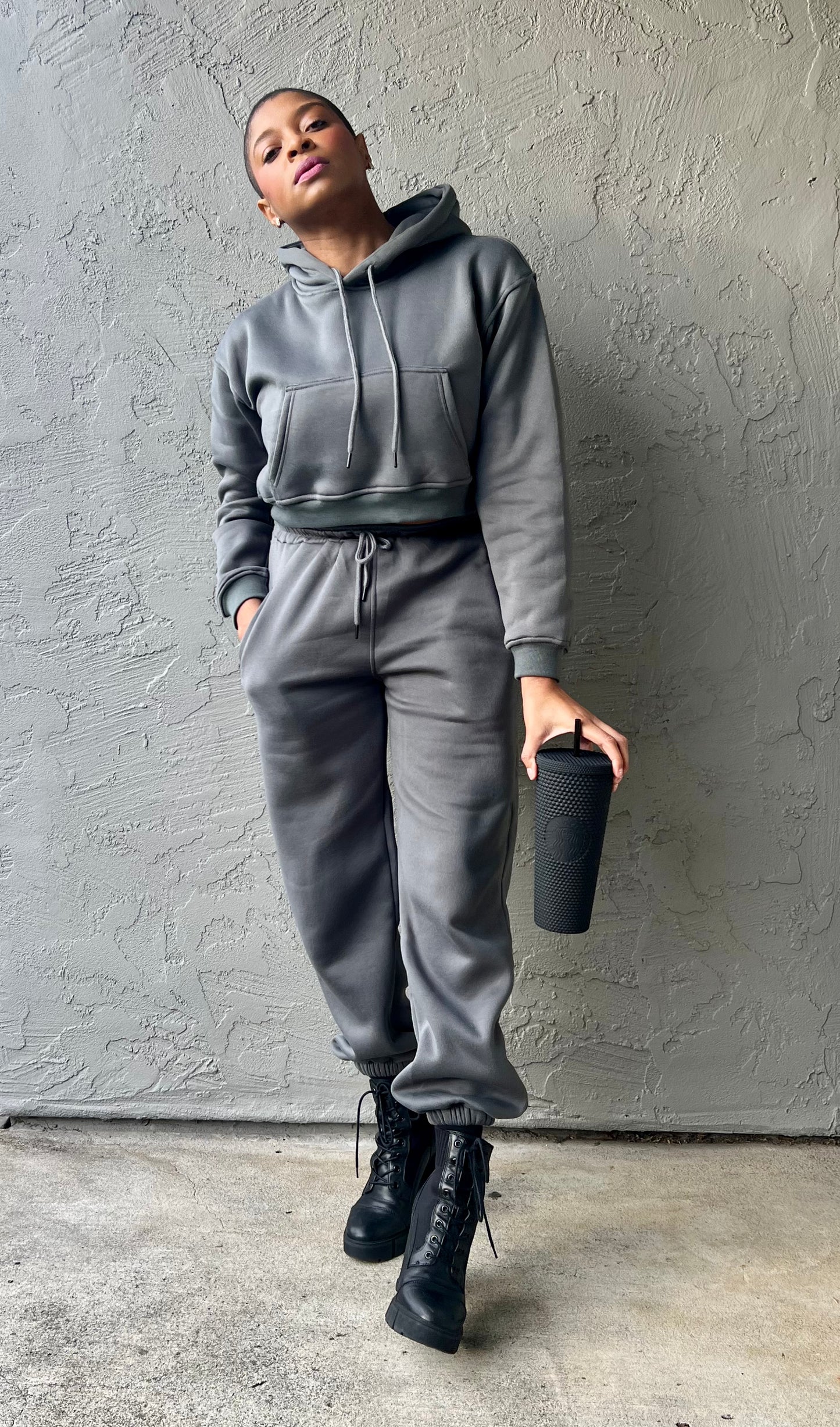 Cozy Cropped Hooded Jogger Set - Grey