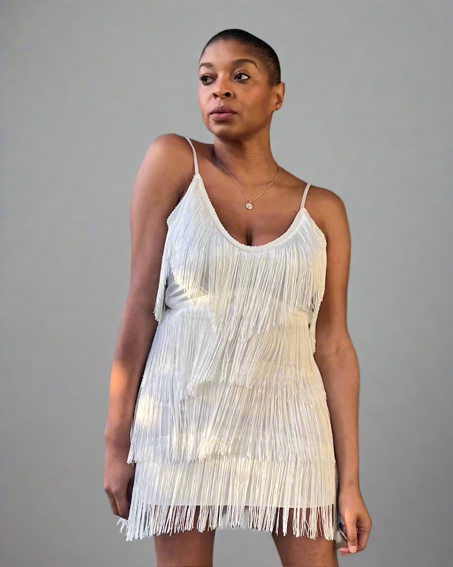fringe mini dress white Valerie Deep V-Neck Fringe Mini Dress