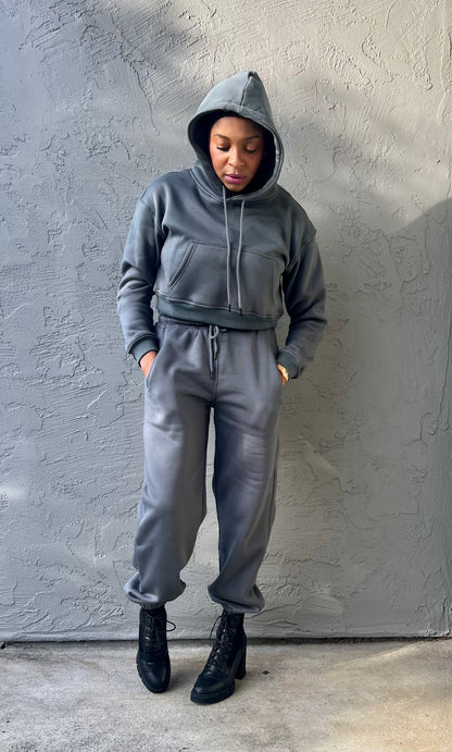 Cozy Cropped Hooded Jogger Set - Grey