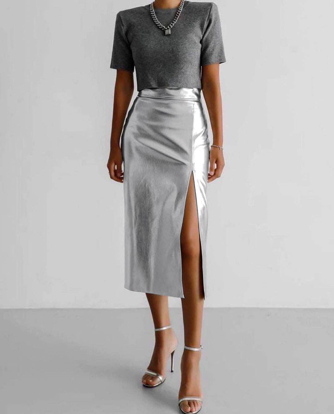 Lauren High-Waist Split Midi Skirt - Metallic Silver