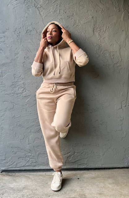 Cozy Cropped Hooded Jogger Set - Sand