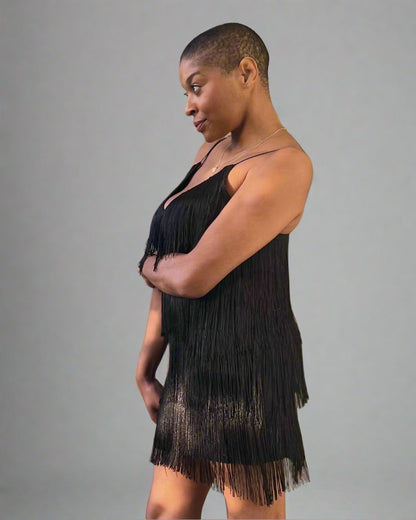 Valerie Deep V-Neck Fringe Mini Dress - Black Cam-Marie Valerie Deep V-Neck Fringe Mini Dress - Black Cam-Marie