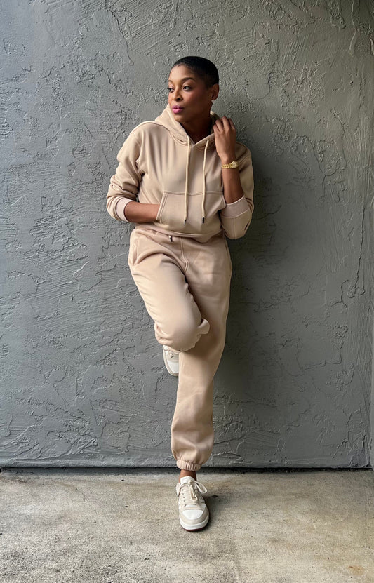 Cozy Cropped Hooded Jogger Set - Sand