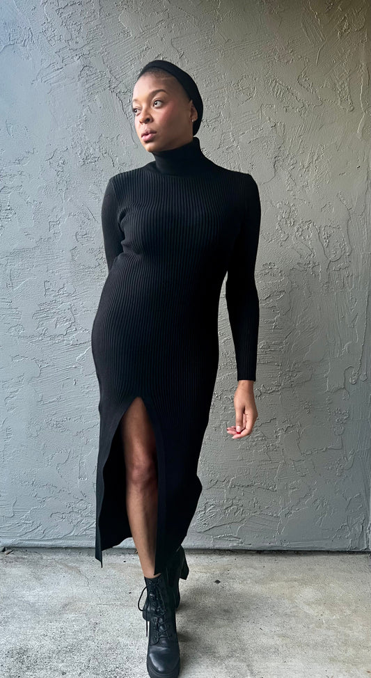 Cierra Side Split Knit Dress - Black