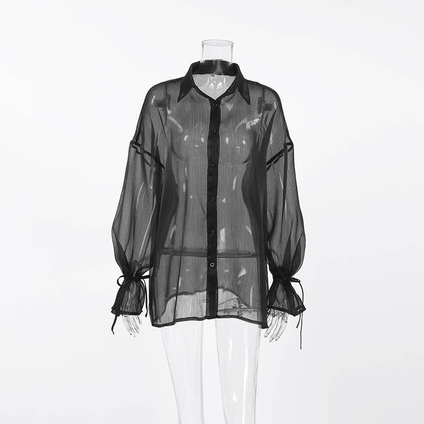 Sexy Mesh Lapel Puff Sleeve Shirt