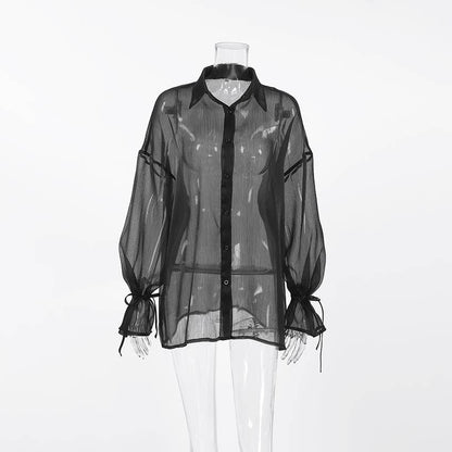 Sexy Mesh Lapel Puff Sleeve Shirt