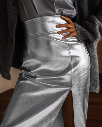 Lauren High-Waist Split Midi Skirt - Metallic Silver